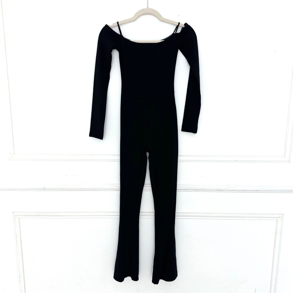 Oh Polly Jumpsuit Women 4 Black Off‎ Shoulder Long Sleeve Ribbed Flare Unitard